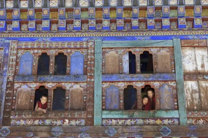 Framed Print : Asia, Bhutan. Young monks take a break from school and look out the windows in Jambey Lhakhang Framed Print : Asia, Bhutan. Young monks take a break from school and look out the windows in Jambey Lhakhang