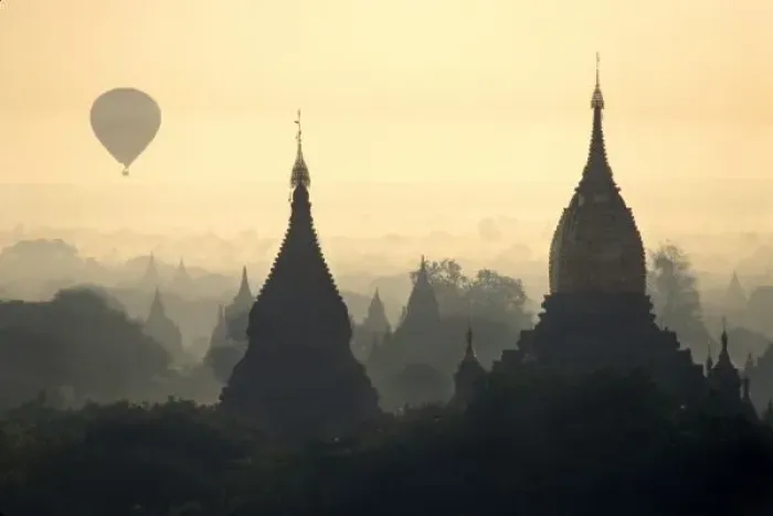 Framed Print : Asia, Burma, (Myanmar), Pagan (Bagan) Hot Air balloon over the temple complex of Pagan at dawn