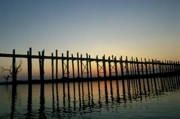 Framed Print : Asia, Burma (Myanmar) Silhouette of U Biens Bridge on Lake Taungthaman at sunset