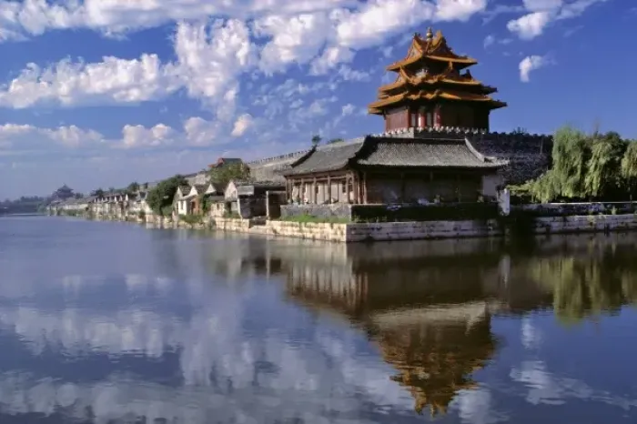 Framed Print : Asia, China, Beijing. A brightly-roofed tower and wide moat guard the entrance to Framed Print : Asia, China, Beijing. A brightly-roofed tower and wide moat guard the entrance to