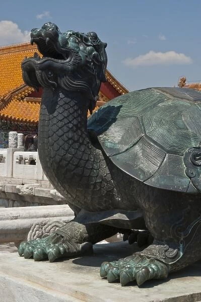Asia, China, Beijing. Bronze sculpture of dragon turtle at Forbidden City