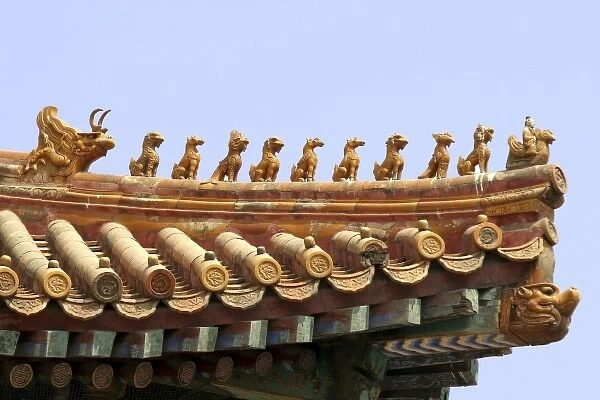 Asia, China, Beijing. Forbidden Palace roof ornamentation