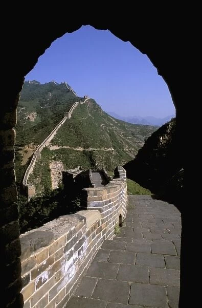 Asia, China, Beijing. Great Wall of China viewed through doorway