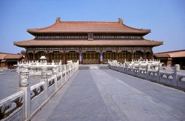 Asia, China, Beijing. Intricately sculpted railings line the road to the Hall of Perfect Harmony