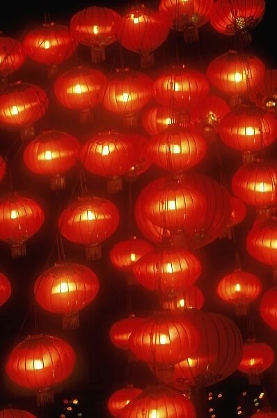 Asia, China, Beijing. Red Chinese lanterns in lobby of Beijing Hotel