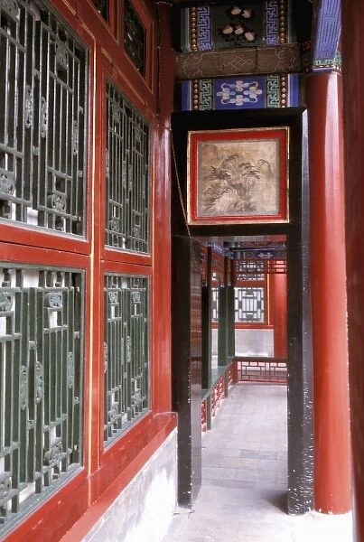 Asia, China, Beijing. Summer palace, paintings and intricate designs decorate hallway