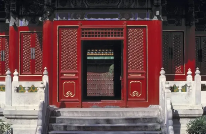 Framed Print : Asia, China, Beijing. White balastrades contrast with this striking red lacquer door Framed Print : Asia, China, Beijing. White balastrades contrast with this striking red lacquer door