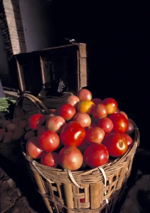 Framed Print : Asia, China, Dunhuang. Bright, red tomatoes resemble apples at the market in Dunhuang in