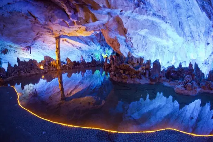 Framed Print : Asia; China; Guling; Multi Colored Lights in the Reed Flute Cave