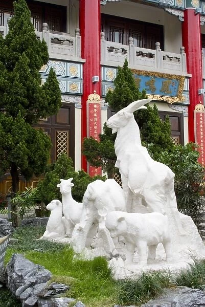 Asia, China, Hong Kong, Kowloon, Wong Tai Sin district. White stone statue of a flock