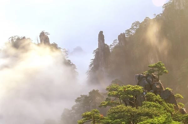 Asia, China, Huanshan. The Yellow Mountain in fog