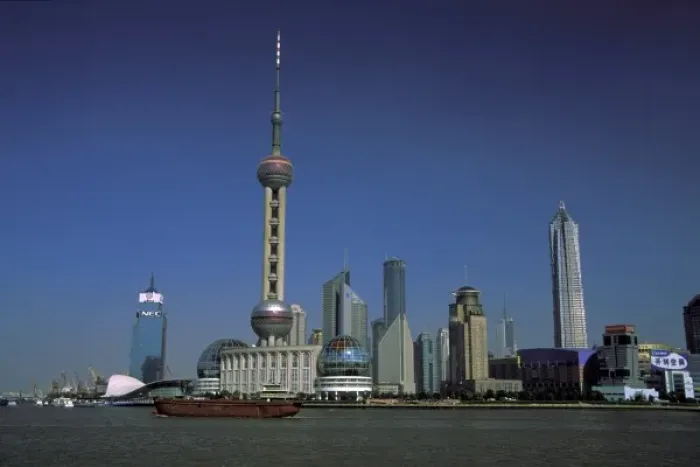 Framed Print : Asia, China, Shanghai. Futuristic skyline of Shanghais Economic Zone
