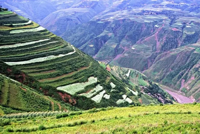 Framed Print : Asia, China, Yunnan, Dongchuan. Green crops cover terraces in canyons of red earth