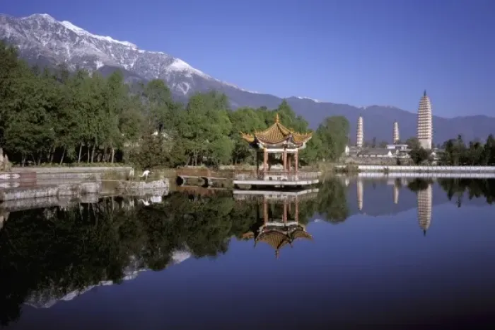 Framed Print : Asia, China, Yunnan Province, Dali. Three Pagodas and pavilion reflect in small lake
