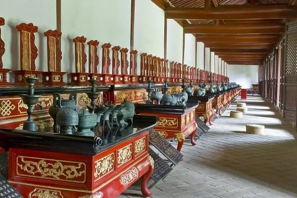 Asia, China, Yunnan Province, Jianshui. Row of Confucian testing desks in a side