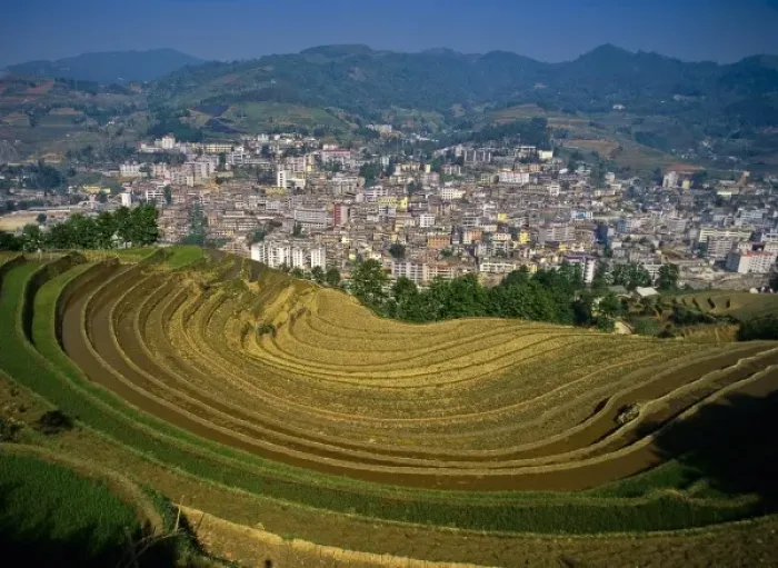 Framed Print : Asia, China, Yunnan Province, Jinping. Jinping below terraced farm fields Framed Print : Asia, China, Yunnan Province, Jinping. Jinping below terraced farm fields