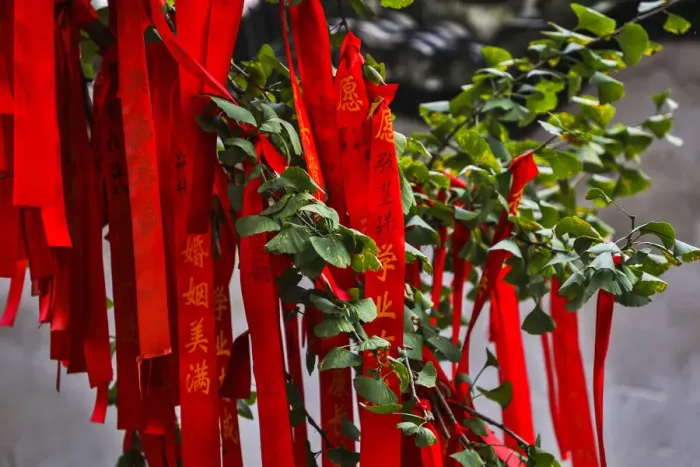 Framed Print : Asia, China, Zhujiajiao ( Venice of the East ), Red Ribbons of Wish to a Higher