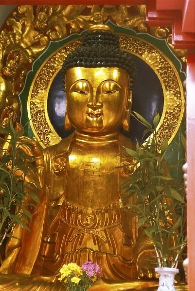 Asia, Hong Kong. Golden Buddha in Sha Tin Cementary