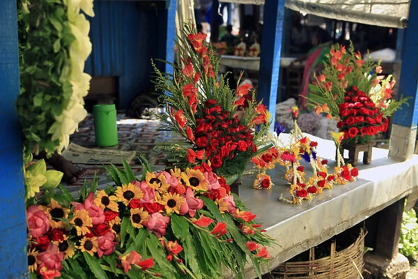Asia, India, Calcutta. Floral arrangements in the flower market in Calcutta