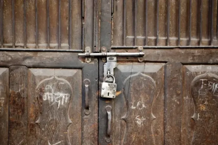 Framed Print : Asia, India, Jodhapur. A padlock secures a door