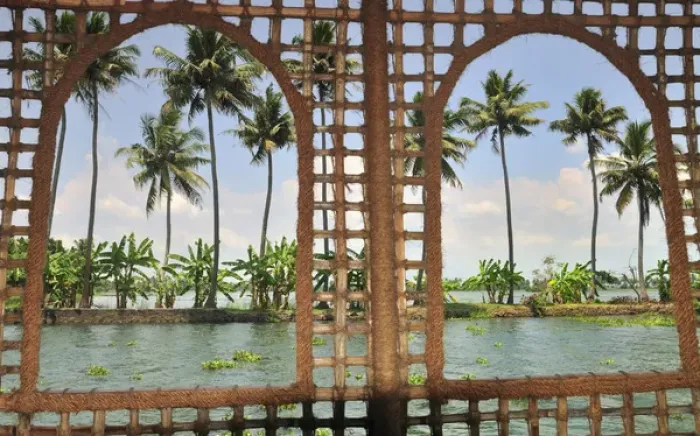 Framed Print : Asia, India, Kerala (Backwaters). Shoreline of the Kerala Backwaters from a houseboat