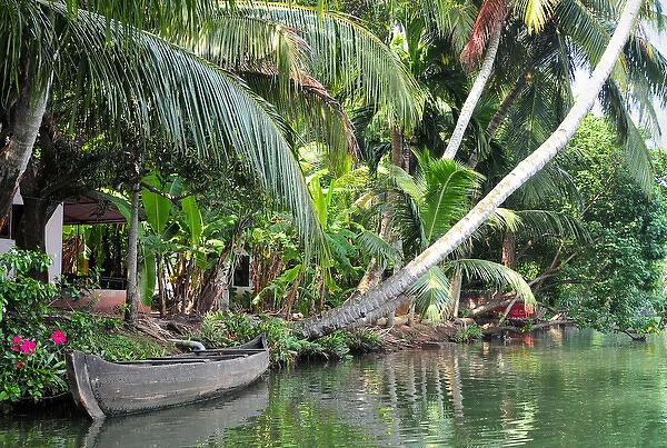 Asia, India, Kerala (Backwaters). A boat lays along a Kerala canal shoreline