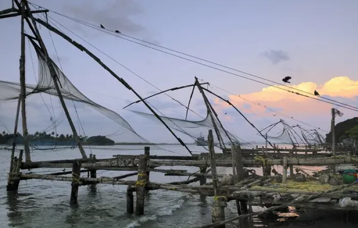 Framed Print : Asia, India, Kerala, Kochi (Cochin). A silhouette of a Chinese fishing net