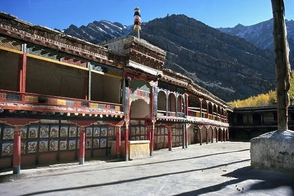 Asia, India, Ladakh, Hemis. The sun slants across the brightly painted structures of Hemis Gompa