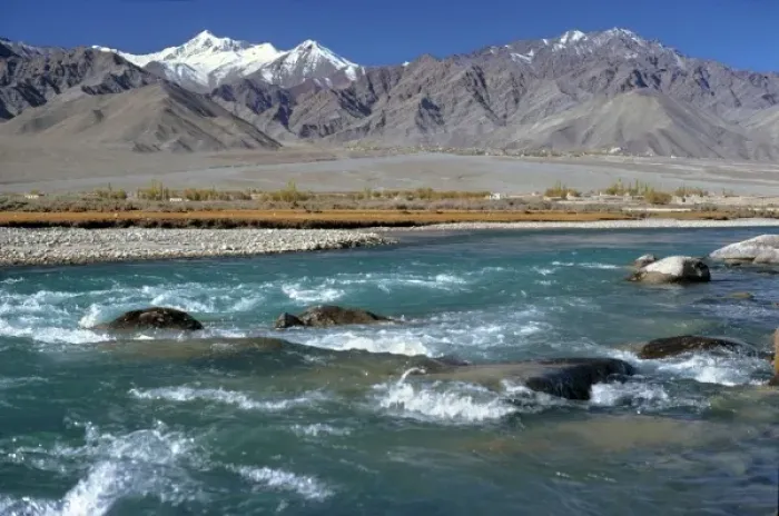 Framed Print : Asia, India, Ladakh, Indus River. The Indus River flows beside the Himalaya range, in Ladakh, India