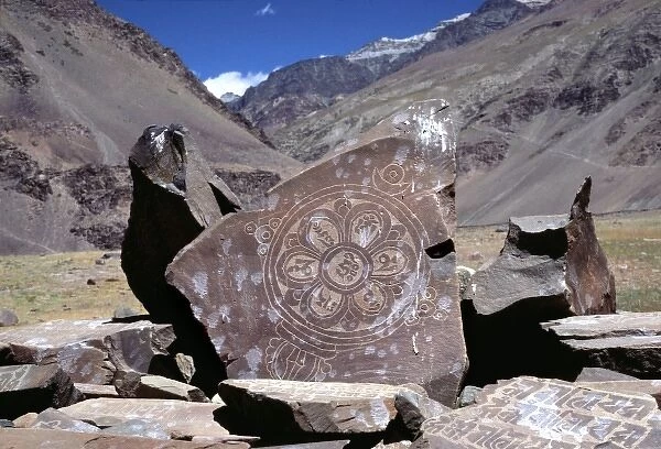 Asia, India, Ladakh, Karsha. Carved and decorated mani stones lie upended in Karsha Gompa