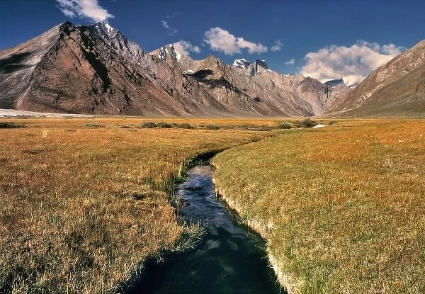 Asia, India, Ladakh, Pensila. Glacier runoff flows from the Himalayas near Pensila