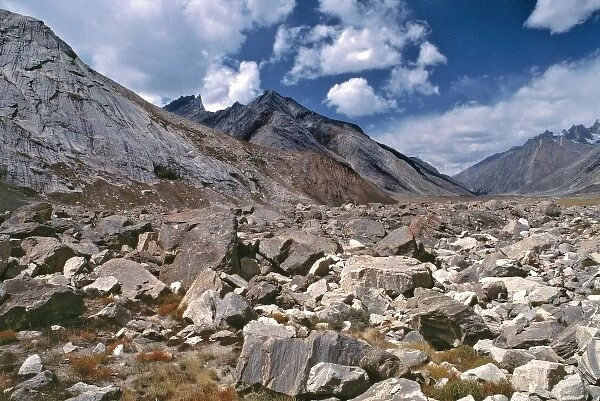 Asia, India, Ladakh, Pensila. Jagged boulders line the floor of Zanskar Valley in the Pensila area