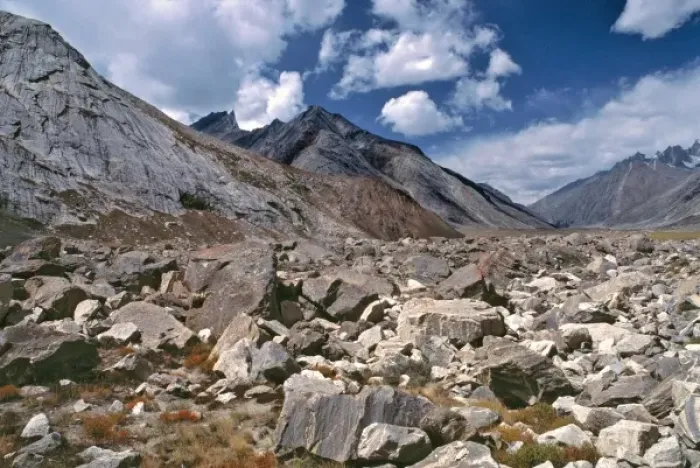 Framed Print : Asia, India, Ladakh, Pensila. Jagged boulders line the floor of Zanskar Valley in the Pensila area