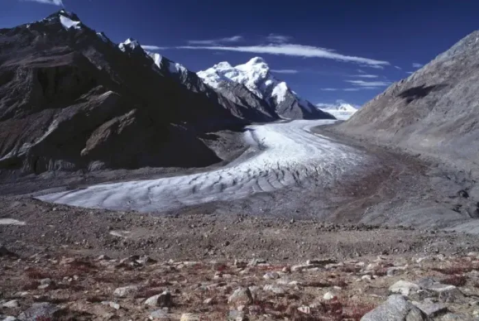 Framed Print : Asia, India, Ladakh, Pensila. Pensila Glacier cuts a cold, white swath through the Zanskar Valley