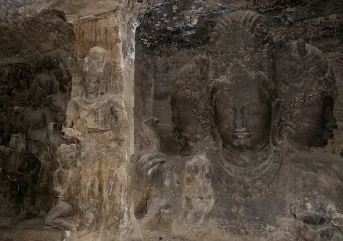 Framed Print : Asia, India, Maharashtra, Mumbai, Bombay, Elephanta Island. Carved sculptures Inside
