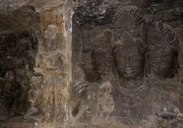 Asia, India, Maharashtra, Mumbai, Bombay, Elephanta Island. Carved sculptures Inside