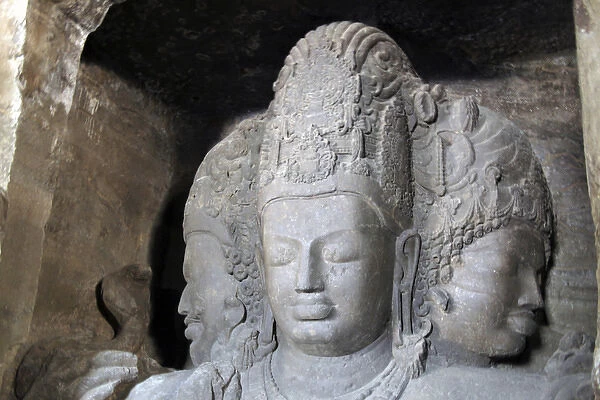 Asia, India, Mumbai. Mahesamurti of Elephanta Island Caves, a UNESCO World Heritage Site
