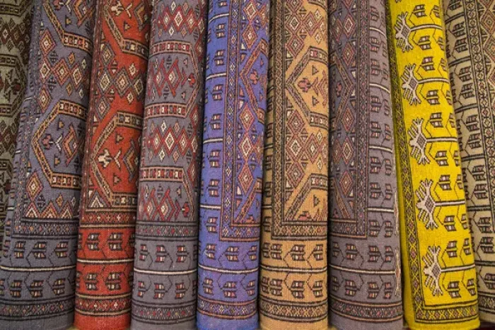 Framed Print : Asia, India, Rajasthan, Jaipur, the making of carpets. Rolled carpets for sale