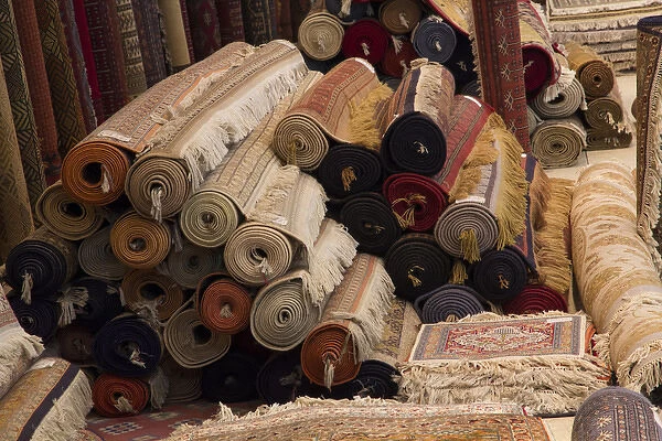 Asia, India, Rajasthan, Jaipur, the making of carpets. Rolled carpets for sale