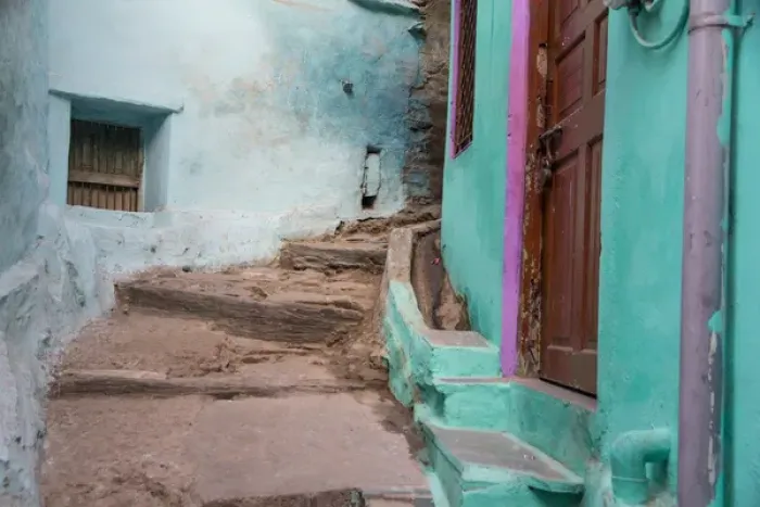 Framed Print : Asia, India, Rajasthan, Udaipur narrow winding street with steps