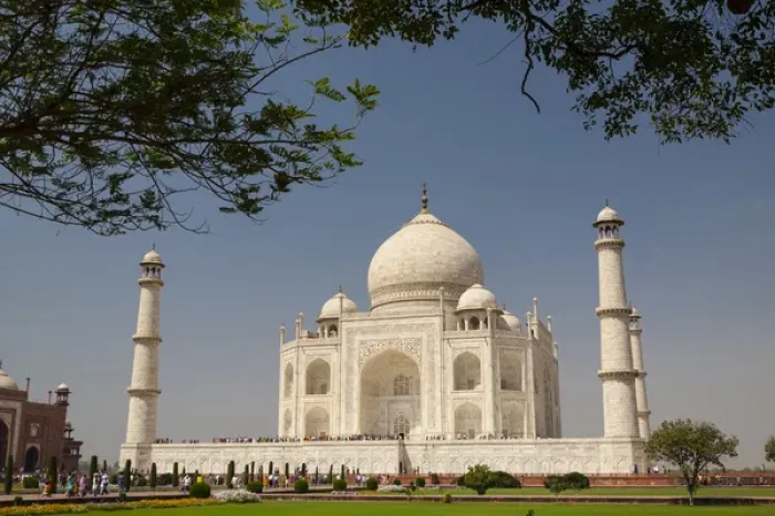 Framed Print : Asia, India. Taj Mahal with trees above as framing element Framed Print : Asia, India. Taj Mahal with trees above as framing element