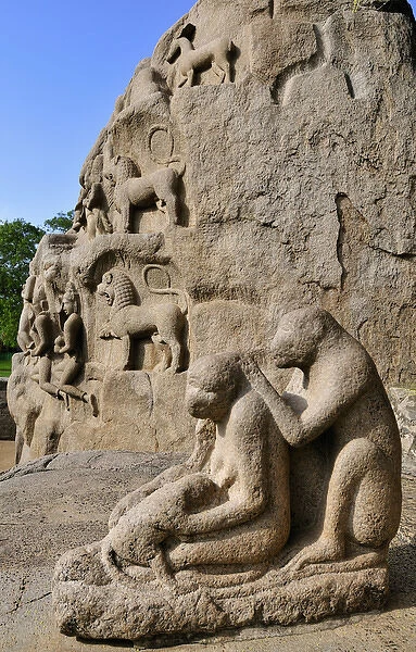 Asia, India, Tamil Nadu, Mahabalipuram. Monkey sculptures near the Arjuna s