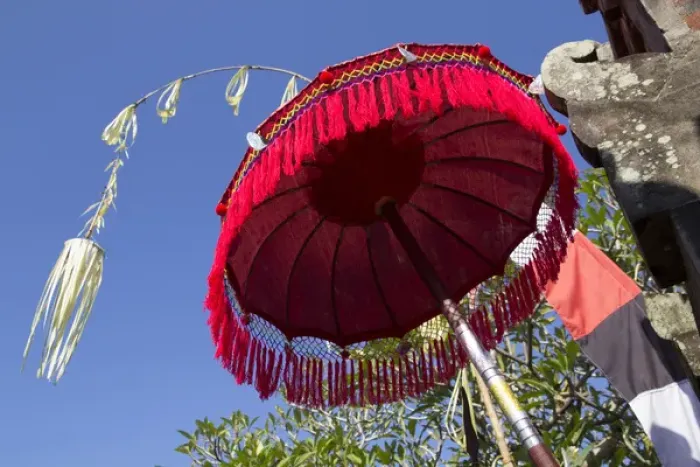 Framed Print : Asia, Indonesia, Bali. Balinese parasol adorned with white Spider Lily flower