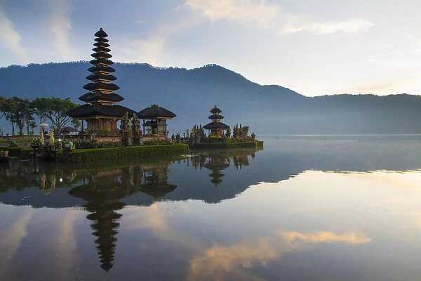 Asia, Indonesia, Bali. Sunrise at Bali water temple: Ulun Danu Temple in Lake Bratan