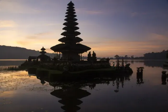 Framed Print : Asia, Indonesia, Bali. Sunrise at Bali water temple: Ulun Danu Temple in Lake Bratan