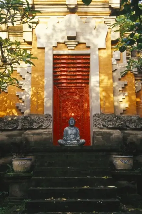 Framed Print : Asia, Indonesia, Bali, Ubud. Buddha statue in front of Balinese Hindu temple Framed Print : Asia, Indonesia, Bali, Ubud. Buddha statue in front of Balinese Hindu temple