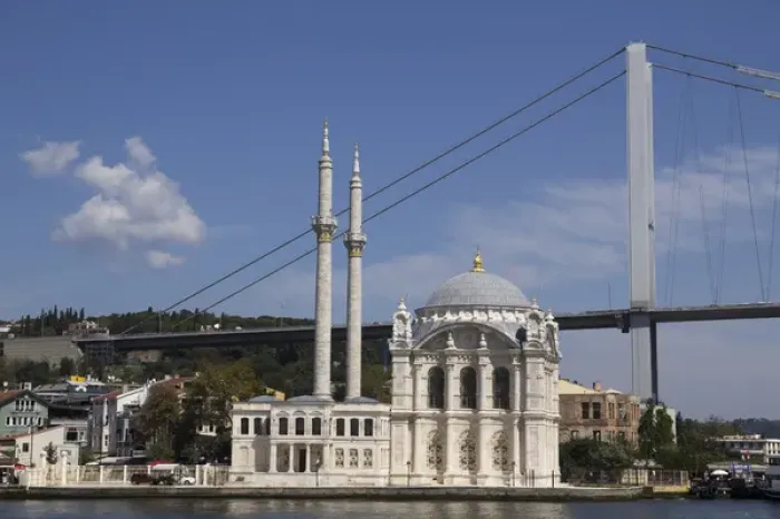 Framed Print : Asia, Istanbul. Ortakoy Mosque and New bridge (Fatih Sultan Mehmet Bridge), completed in 1988
