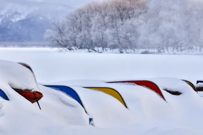 Framed Print : Asia, Japan, Hokkaido, Lake Kussharo, Colorful Canoes in the Snow