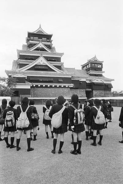 Asia, Japan, Kumamoto. Schoolchildren at Kumamoto, jo Castle