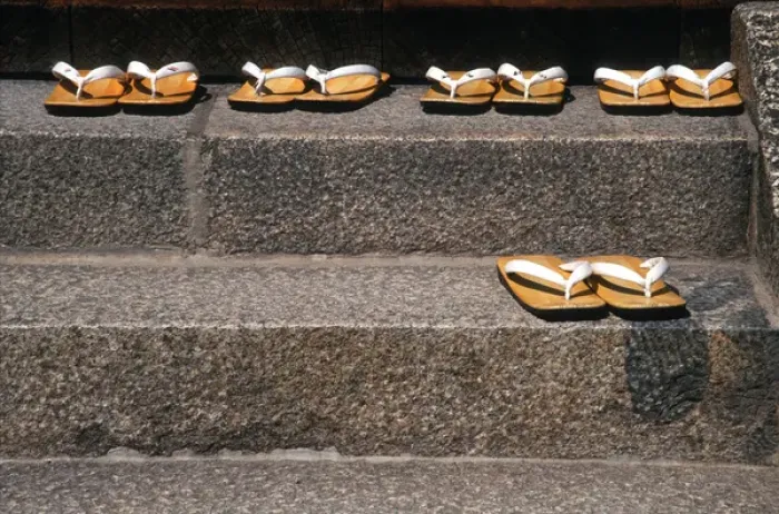 Framed Print : Asia, Japan, Kyoto. Zori sandals on steps of a shrine Framed Print : Asia, Japan, Kyoto. Zori sandals on steps of a shrine
